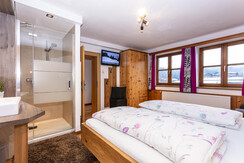 Schlafzimmer mit Dusche und Tv